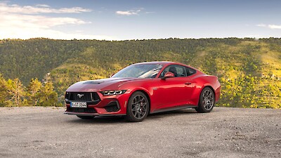 Ford Mustang áll a hegyvidéki erdős táj előtt