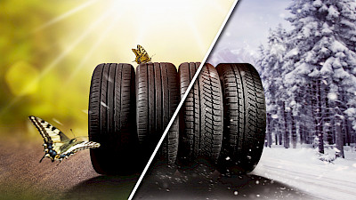 Téli és nyári gumiabroncsokat tartalmazó táj